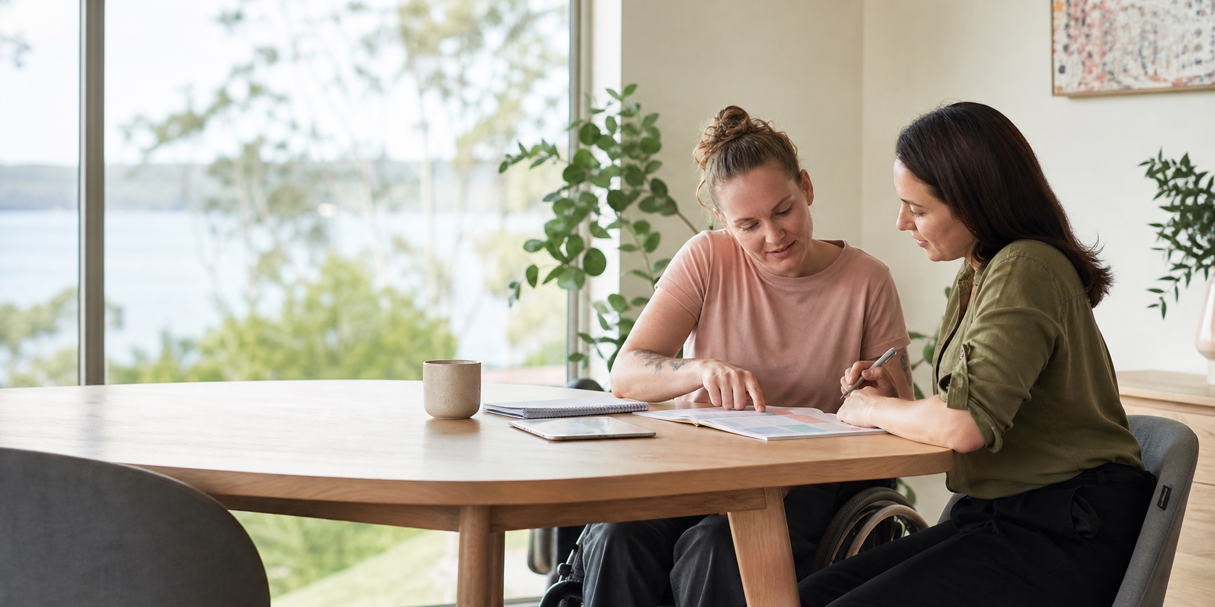 An NDIS participant and support coordinator reviewing a visual plan together