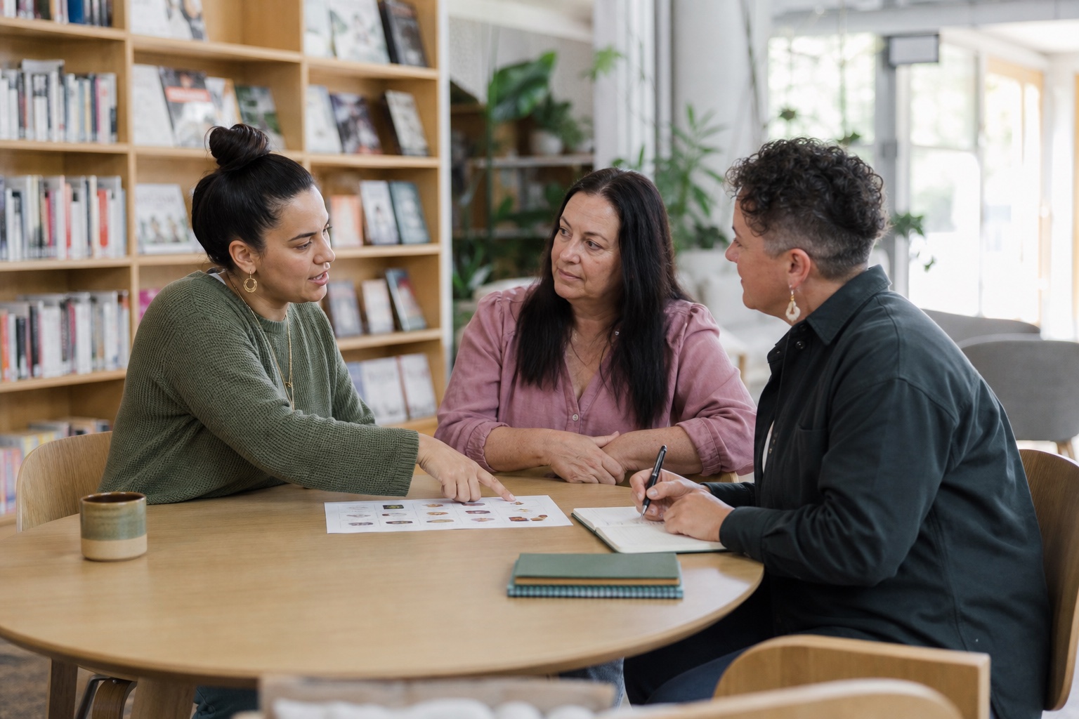 A participant, family member and support coordinator discussing service options together